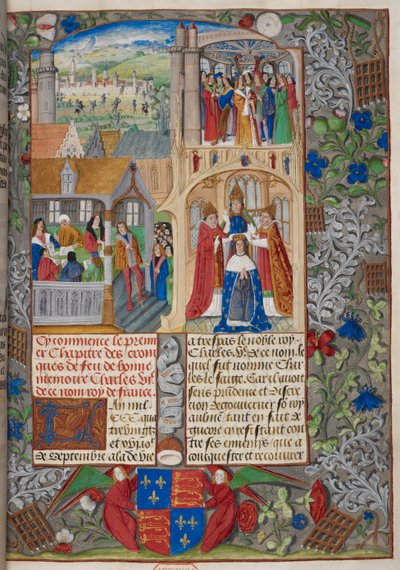 Royal 20 E. V, f.8 VII. Károly koronázása, jelenetek a „Chroniques de France ou de Saint Denis” 1487-ből (vellum) alkotó: French School