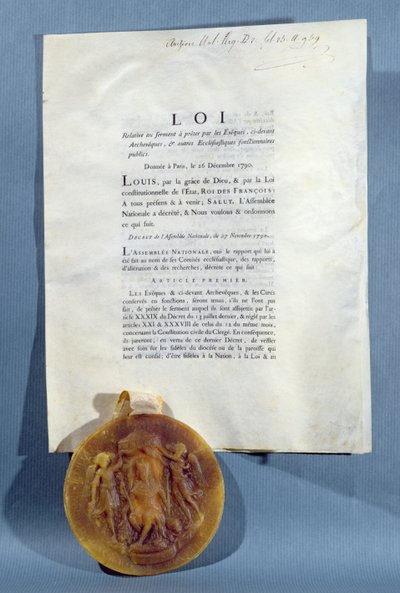 Lajos királyi rendelete, amely megerősíti a francia püspökök és papok azon kötelezettségét, hogy hűségesküt tegyenek a papság polgári alkotmányára, 1790. december 16-án (nyomtatott papír- és viaszpecsét) alkotó: French School