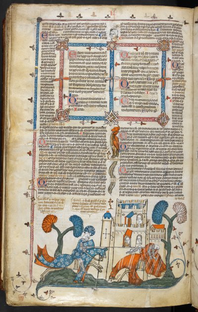 Royal MS 10 E IV f.313v, egy lapos jelenet, amelyben az egyik lovag egy másikat levetkőzik egy kastély előtt, 1300-40 körül (toll, tinta és tempera pergamenen) alkotó: French School