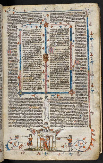 Royal MS 10 E IV f.66r, lapos jelenet egy kastélyból előbújó lovas lovagról, 1300-40 körül (toll, tinta és tempera pergamenen) alkotó: French School