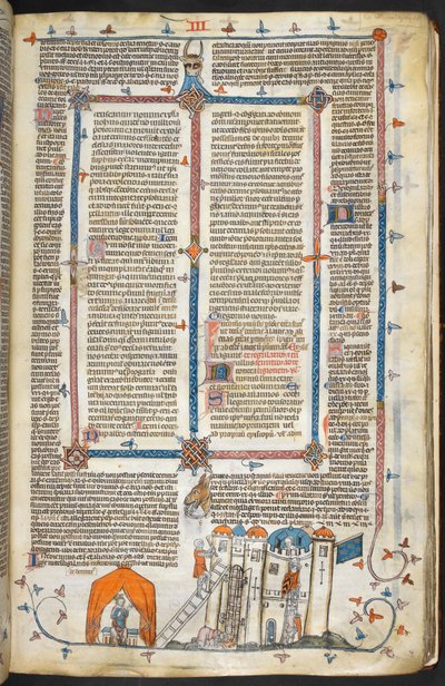 Royal MS 10 iv f.202r Megtámad egy erődített kastélyt és a szegélydíszítést, illusztráció a „The Smithfield Decretals”-ból (vellum) alkotó: French School