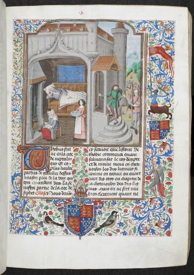 Royal MS 15 D I f.18r Nők, akik beteg férfit ápolnak, „Guyart des Moulins, La Bible historiale”, 1470–1479 körül (tinta, szín és arany pergamen) alkotó: French School