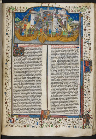 Royal MS 15 E VI, f.207 Korunnát ostromló hajók miniatúrája a „Versek és románcok” vagy a „Talbot Shrewsbury Book” című könyvből alkotó: French School