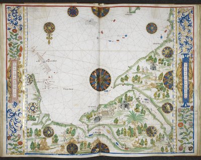 Royal MS 20 E IX f.11v–f.12r Ázsia és Afrika partjainak diagramja a Comorin-foktól a Delgado-fokig, beleértve a Perzsa-öblöt és a Vörös-tengert, az „Idrográfia Boke”-tól (A „Rotz-atlasz”) Jean Rotz, 1535-42 körül (tinta, szín és arany pergamen) alkotó: French School