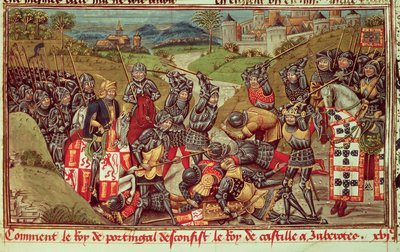 Royal Ms 14 E IV f.204: Avis I. Juan legyőzte a kasztíliai Juan I-t a portugáliai aljubarrotai csatában alkotó: French School