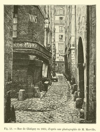 Rue de Glatigny 1865-ben; M Marville fényképéről alkotó: French School