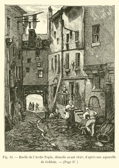 Ruelle de lArche Popin, 1840 előtt lebontották; Goblain akvarellje után alkotó: French School