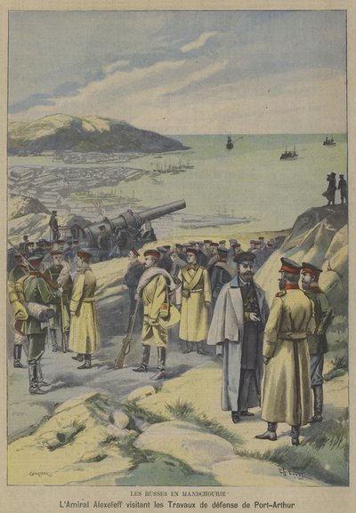 Jevgenyij Alekszejev orosz admirális az orosz-japán háború előestéjén a mandzsúriai Port Arthurban épülő védelemhez látogat (színes litó) alkotó: French School