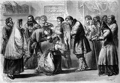 Orosz szokás - Esküvő - 1860: esküvő előtti szertartás. Keresztapa és keresztanya áldja meg a jövőbeli házasságokat. A keresztapa Krisztus vagy a Szűz képét mutatja be nekik, a vallási felszentelés szimbólumát. A keresztanya kenyeret és sót tart a feje föl alkotó: French School