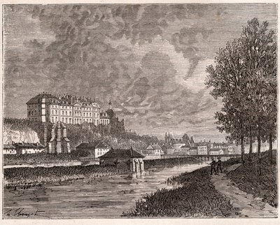 Sable-sur-Sarthe (Sable sur Sarthe) - metszet a „La France illustree: földrajz, történelem, statisztikai adminisztráció”-ban, V.A. Maláta-barna. 1884 alkotó: French School