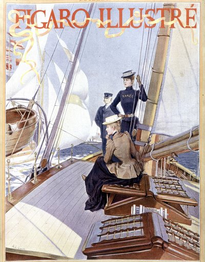 Vitorlázás: nők egy csónak fedélzetén – 1891-es Arts Deco „Figaro illusztrált” rajza. alkotó: French School