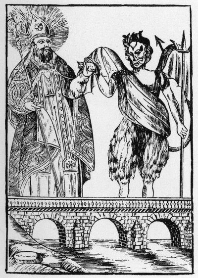 Szent Kádó (vagy Cadoc vagy Catuod vagy Catoc vagy Cazut vagy Cadochus) legendás szent keresztény egy macskát ad az ördögnek hídépítésért cserébe - népszerű képek Perret alkotó: French School