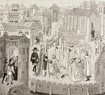 Saint Gaugericus, Cambrai püspöke, aki kinevezésére érkezik a városba, Paul Lacroix „Katonai és vallási élet a középkorban” című művéből, London 1880 körül. alkotó: French School