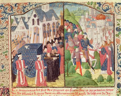 Szent Lajos temetése Párizsban 1270-ben és V. Károly érkezése Reimsbe 1364-ben, hogy királlyá koronázzák a katedrálisban, Jean Froissart (kb. 1337-kb. 1405) „Krónikák” kéziratából (vellum) alkotó: French School