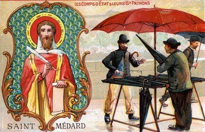 Saint Médard, az esernyő eladók védőszentje, 1910 körül (színes litó) alkotó: French School