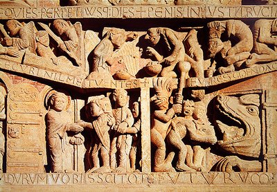 Szent Péter befogadja az áldottakat a mennybe, az elkárhozottakat pedig a pokol állkapcsába esnek, részlet az Utolsó ítéletből a West Portal Tympanumban, 1135 körül alkotó: French School