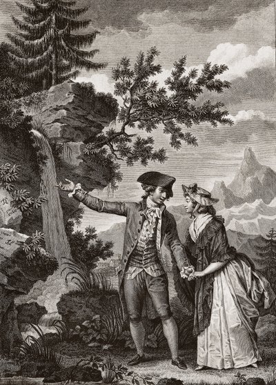 Saint Preux és Julie 1793-as metszete Jean Jacques (Jean-Jacques) Rousseau (1712-1778) svájci filozófus „Julie ou la nouvelle Heloise” című művéhez – Julie és Saint-Preux, illusztráció Jean-Jause Rousse „La Nouvelle Heloise” című művéből (1712-78) (metszet alkotó: French School