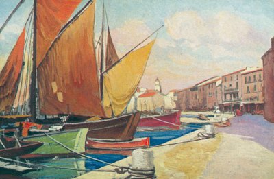 Saint Tropez: Vitorlás hajó a kikötőben (színes litográfia) alkotó: French School