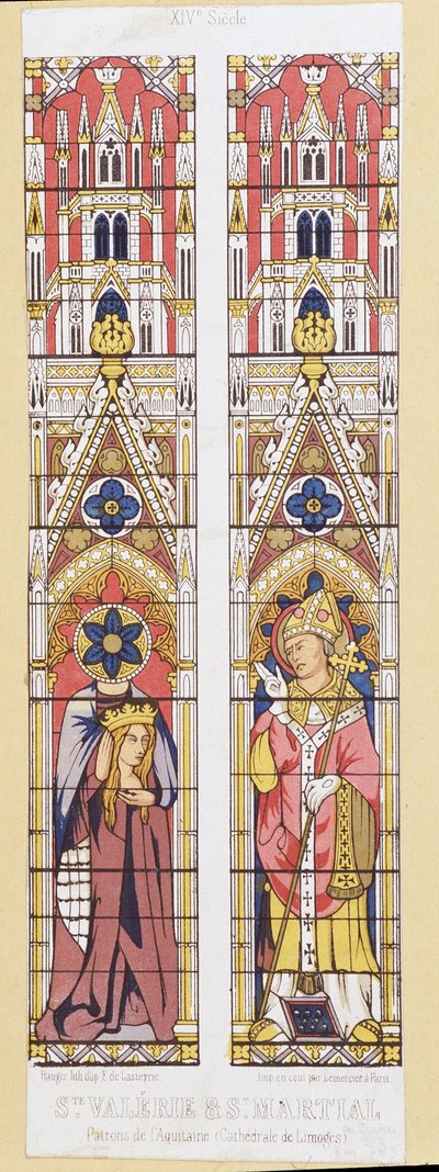 Szent Valerie, szűz és vértanú Limoges-ban (3. század) és Saint Martial, Limoges-i eveque (3. század), Aquitánia védőszentje. Fac simile a Cathedrale de Limoges ólomüveg ablakait reprodukálja. alkotó: French School