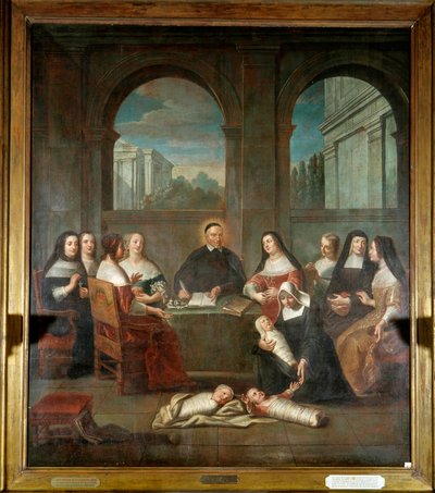 Saint Vincent de Paul és a jótékonysági hölgyek Saint Vincent de Paul pap, a Charity leányai intézményének alapítója 1634-ben (1576-1660) újszülötteket gondozó apácákkal és szeretethölgyekkel körülvéve. Névtelen festmény o alkotó: French School