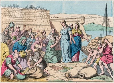 Sainte Genevieve ételt oszt a lakosságnak az Attila hunok serege által 451-ben történt Párizs ostroma alatt (barbár inváziók) - Sainte Genevieve és a párizsiak - A 19. század végi metszet a „Nos Gires Nationales - Images alkotó: French School