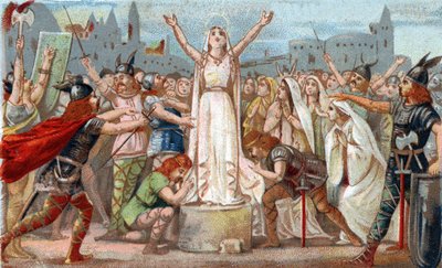 Sainte Genevieve megszervezte Párizs védelmét Attila hun hordái ellen, és megnyugtatta Párizs lakosságát 451-ben. A 19. század végének kromolitográfiája. alkotó: French School