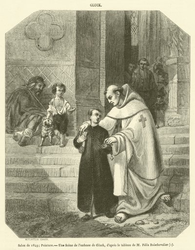 1849-es szalon, festmény, jelenet Gluck gyermekkorából (metszet) alkotó: French School