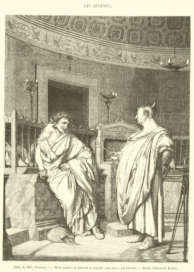 1861-es szalon, festészet, két augur nem nézhet egymásra nevetés nélkül (metszet) alkotó: French School
