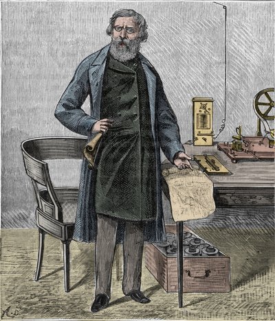 Samuel F B Morse, amerikai művész és a Morse-kód feltalálója – Az amerikai feltaláló portréja, Samuel Finley Breese Morse (1791-1872) – Metszet a „tudományok mindenki számára elérhetővé – fizika és kémia” című részében, Alexis Clerc – End 19. század alkotó: French School