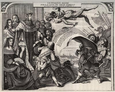 Szatirikus allegória Arras ostromának felemelkedéséről 1654-ben XIV. Lajos (1638-1715) megkoronázása után. Balra lent Anna osztrák királynő (1601-1666). XIV. Lajos mellett, a király bal oldalán áll Jules Mazarin bíboros (1602-1661). Engravi alkotó: French School