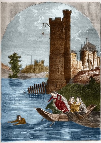 A neslei torony botránya (ügye): Buridannak 1314-ben sikerült megszöknie a párizsi Nesle-toronyból Marguerite burgundi királynő (1290-1315) les miatt. Metszet „Histoire de la prostitúció et de la debauche dans les peuples du g” alkotó: French School