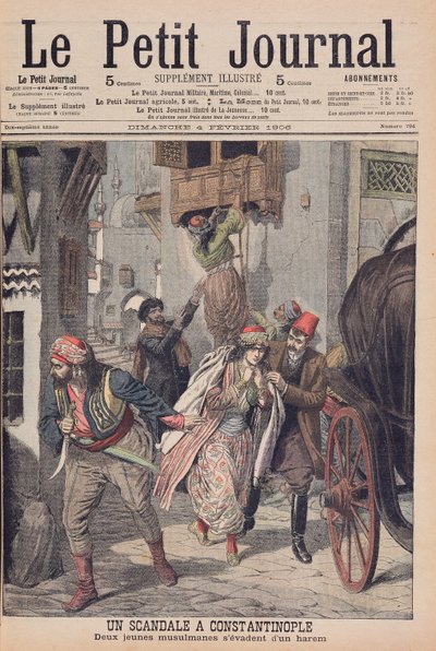 Botrány Konstantinápolyban, két fiatal muszlim hölgy menekül a háremből, illusztráció a „Le Petit Journal”-ból, 1906. február 4. alkotó: French School