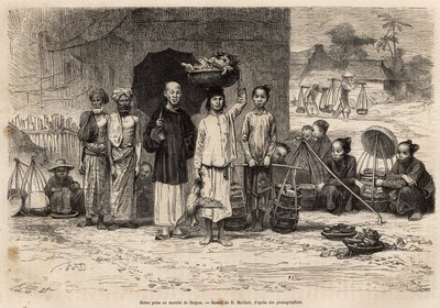 Jelenet a saigoni piacról, metszet D.Maillard rajza után, amely a Cochinchina felé vezető utat illusztrálja, Doktor Morice, 1872-ben, megjelent a "" Le tour du monde"" 1875-ben, szerkesztette Edouard Charton, Hachette kiadás, Párizs. Selva kollekció. alkotó: French School