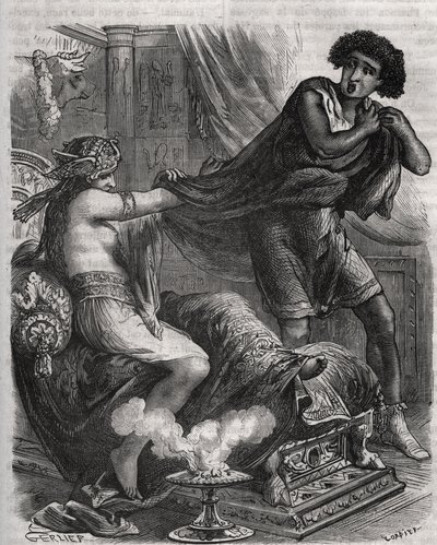 Jelenet a Bibliából: „” Megragadta a túl erényes fiatalembert a zubbonyánál””. Putiphar (Potifár) felesége megpróbálja elcsábítani Józsefet, a fáraó rabszolgáját. Metszet 1871-ből Henry de Kock (1819-1892) „Histoire Des Cocus Celebres” c. alkotó: French School
