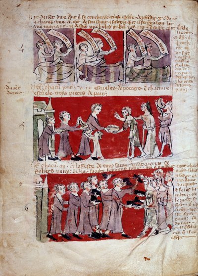 A hallgatói élet jelenete a Hubant College-ban vagy az Ave Maria Párizsban A diákélet és a főiskolai szabályzatok jelenete. 4–6. csík. „” Livre des statutes du College de Hubant ou de l
