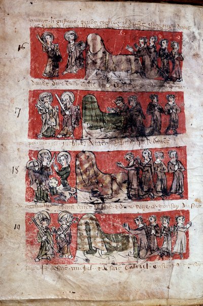 A párizsi College of Hubant vagy az Ave Maria hallgatói életének jelenete A diákélet jelenete (evangélisták ábrázolásai) és a főiskola szabályzata. 16–19. sávok. Kéziratoldal „” Livre des statutes du College de Hubant ou de l