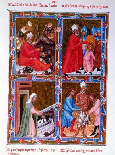 Jelenetek Szent Balázs életéből, a bolognai iskola Legendaire des Anjou-Hongrie 15. századi kéziratának fakszimile alkotó: French School