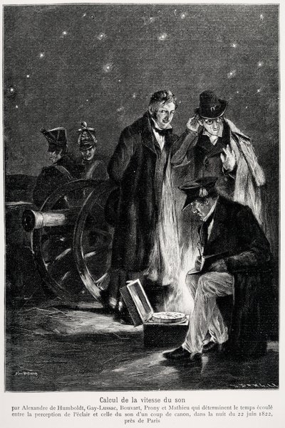 Tudományos kísérlet: Humboldt, Louis-Joseph Gay-Lussac (Louis Joseph Gay Lussac), Bouvard, Prony és Mathieu hangsebesség-számítása, amely meghatározza a fény érzékelése és a fegyverlövés között eltelt időt. az éjszakán alkotó: French School