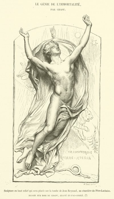 Magas domborműves szobor, amelyet Jean Reynaud sírjára helyeznek a Pere-Lachaise temetőben (metszet) alkotó: French School