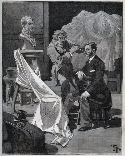 Szobrászat, szobrászműhely, fókusz és mellszobor. Metszet 1880-ból Adolphe BITARD „” Les arts et metiers illustres” című könyvébe. alkotó: French School