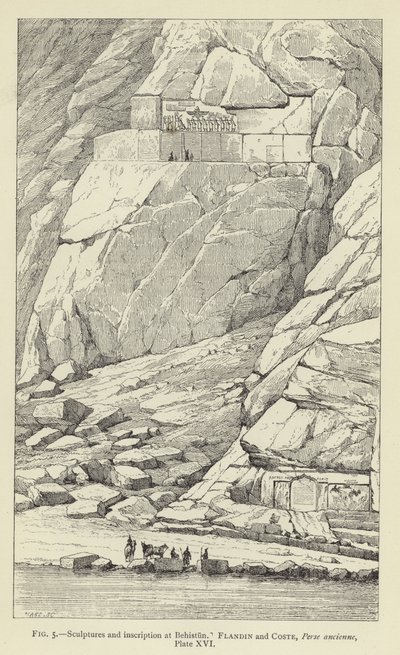 Szobrok és felirat a Behistunban (metszet) alkotó: French School