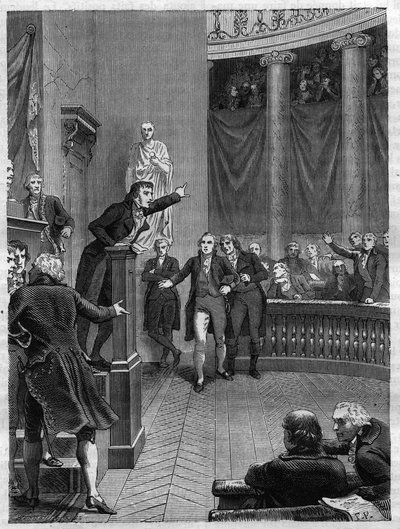 Seance du Tribunat: Benjamin Constant (1767-1830) beszéde a Napóleon által felállított rezsimet elítélő tribün előtt, 1800. január - Louis Adolphe Thiers francia politikus „” Histoire du Consulate et de l’Empire” című metszete 1865-ből Benjamin Constant alkotó: French School