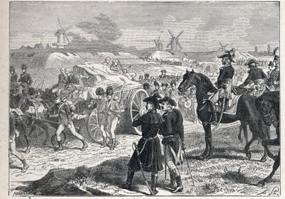 Második koalíció: a Marechal Brune által vezényelt francia hadsereg megnyerte York herceg angol csapatait Hollandiában, 1799 októberében. alkotó: French School
