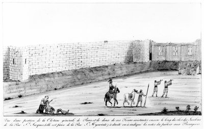 A párizsi jobb parti városfal metszete 1190 és 1209 között épült II. Auguste Fülöp megrendelésére, 18. század végén (wc papíron) alkotó: French School
