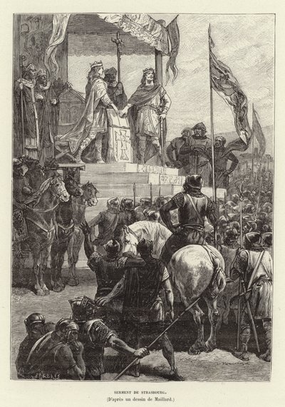 Serment de Strasbourg. Strasbourgi eskü, Német Lajos és Kopasz Károly, Kelet- és Nyugat-Francia királyok szövetsége, 842 (metszet) alkotó: French School