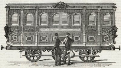 Posta - a mobil iroda külső képe - Edmond Texier 1852-es metszete „Tableau-de-Paris”-ban alkotó: French School