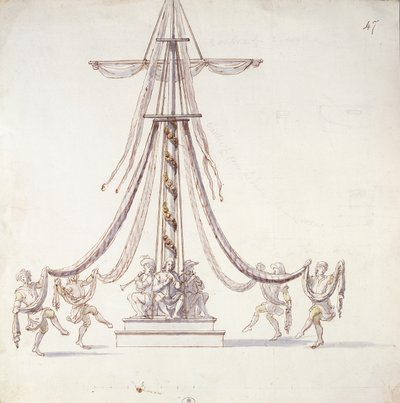 Díszlet egy árboc körül táncoló tengerészekkel készült baletthez, a Les Menus Plaisirs du Roi című kollekcióból (wc, toll és tinta papíron) alkotó: French School