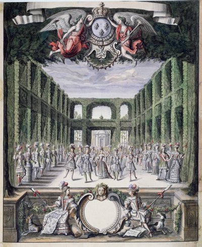 Díszlet egy azonosítatlan baletthez egy kertben, a Menus Plaisirs du Roi című gyűjteményből (toll, tinta és wc papíron) alkotó: French School