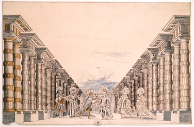 Egy ismeretlen színdarab díszlete, a Menus Plaisirs du Roi (toll, tinta és akvarell papíron) című gyűjteményből alkotó: French School