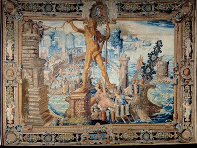 A világ hét csodája: a rodoszi kolosszus (Héliosz szobra). Gobelinek műhelyében készült kárpit. 17. századi Párizs, Musee des Gobelins alkotó: French School